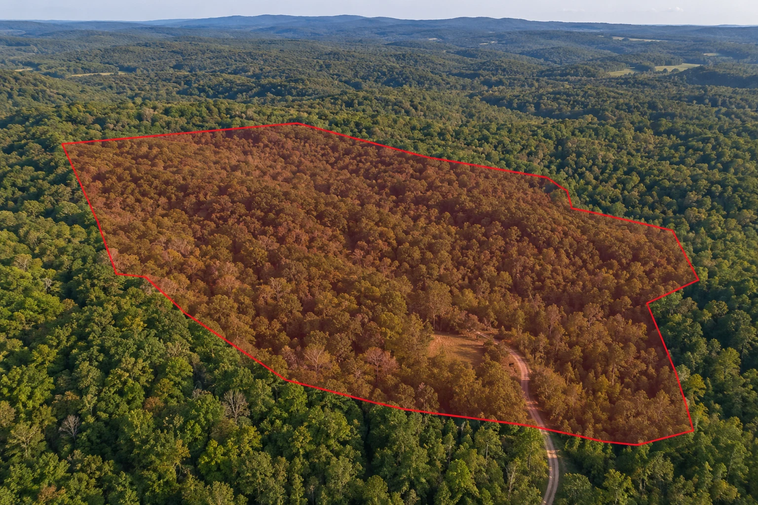 AI-generated land illustration with a red example boundary, not a photograph of this transaction’s parcel