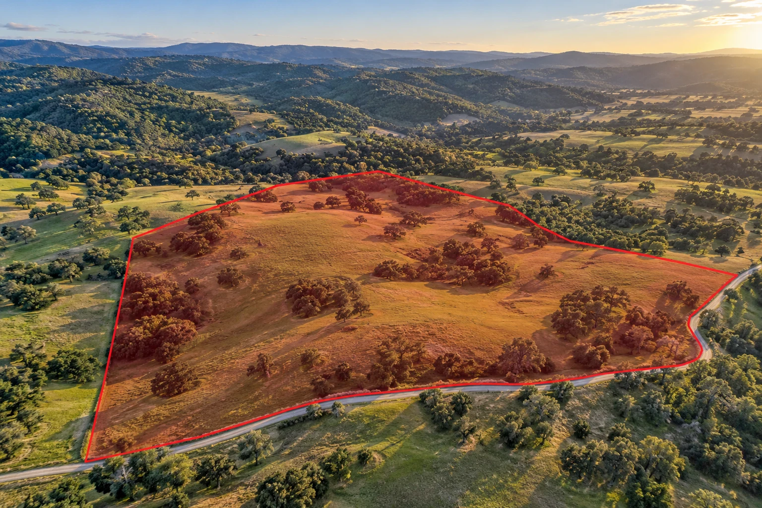AI-generated land illustration with a red example boundary, not a photograph of this transaction’s parcel