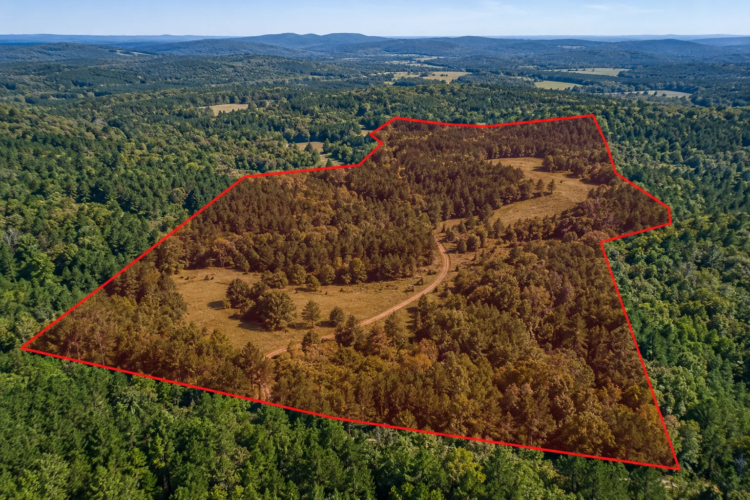AI-generated land illustration with a red example boundary, not a photograph of this transaction’s parcel