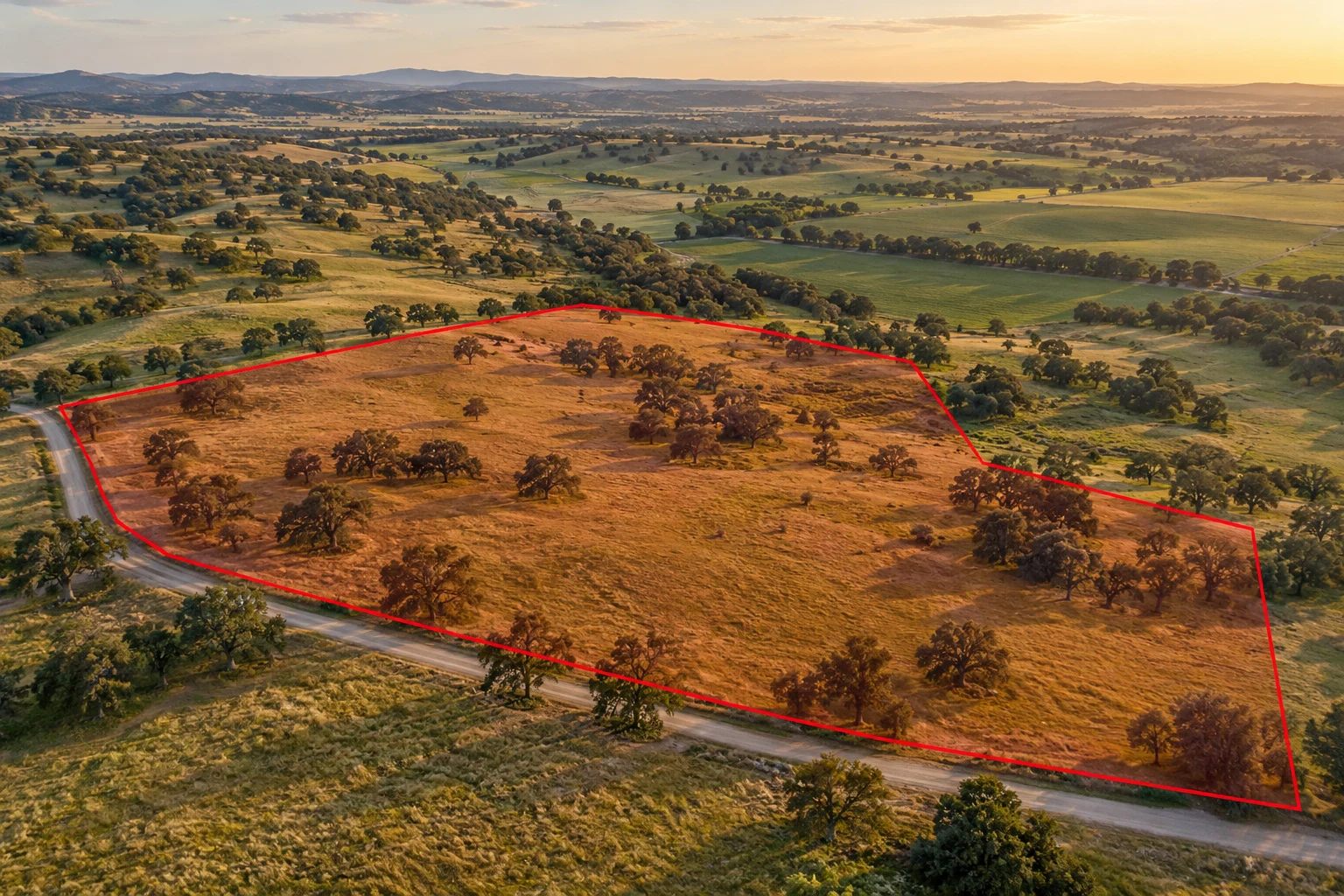 AI-generated land illustration with a red example boundary, not a photograph of this transaction’s parcel