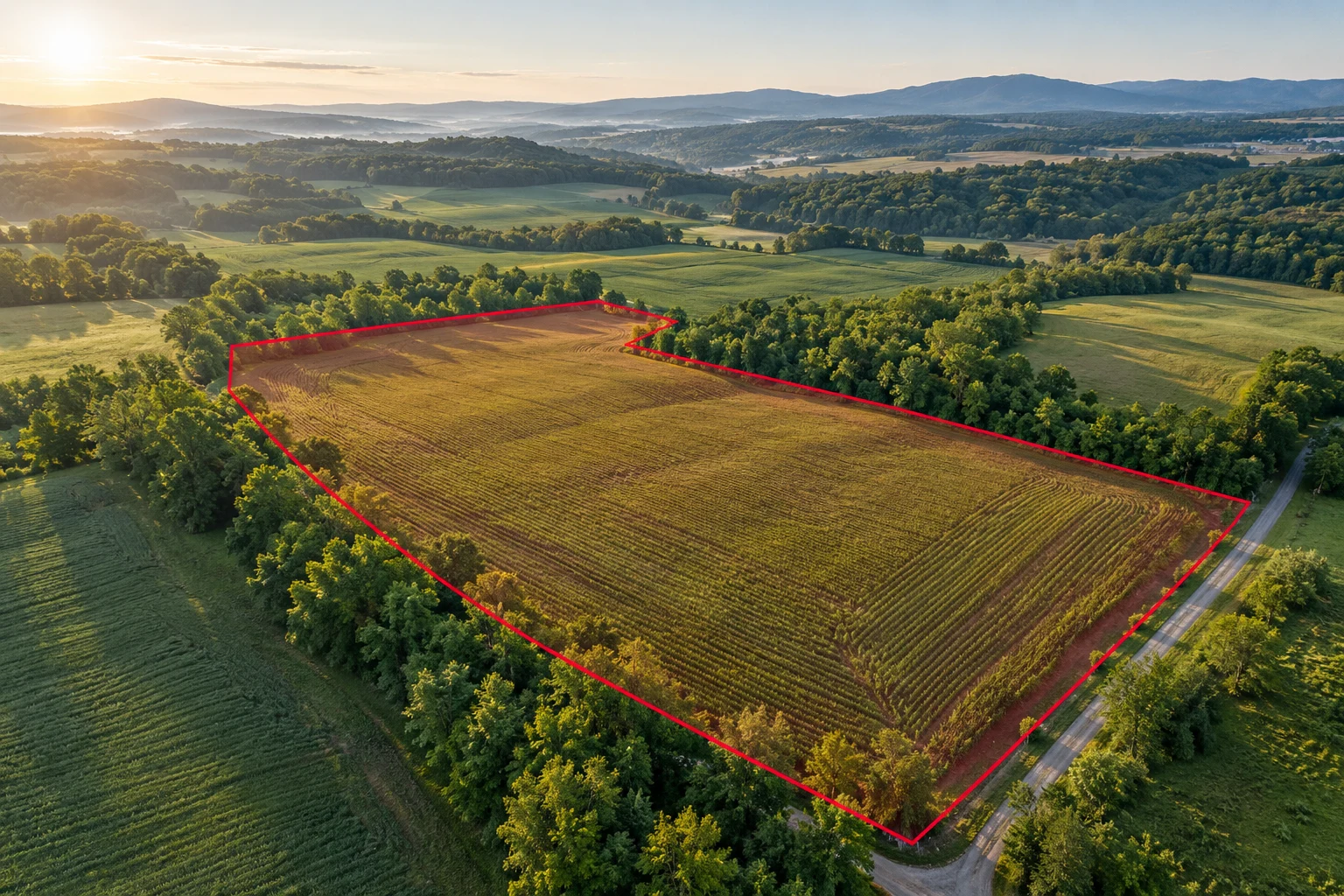 AI-generated land illustration with a red example boundary, not a photograph of this transaction’s parcel