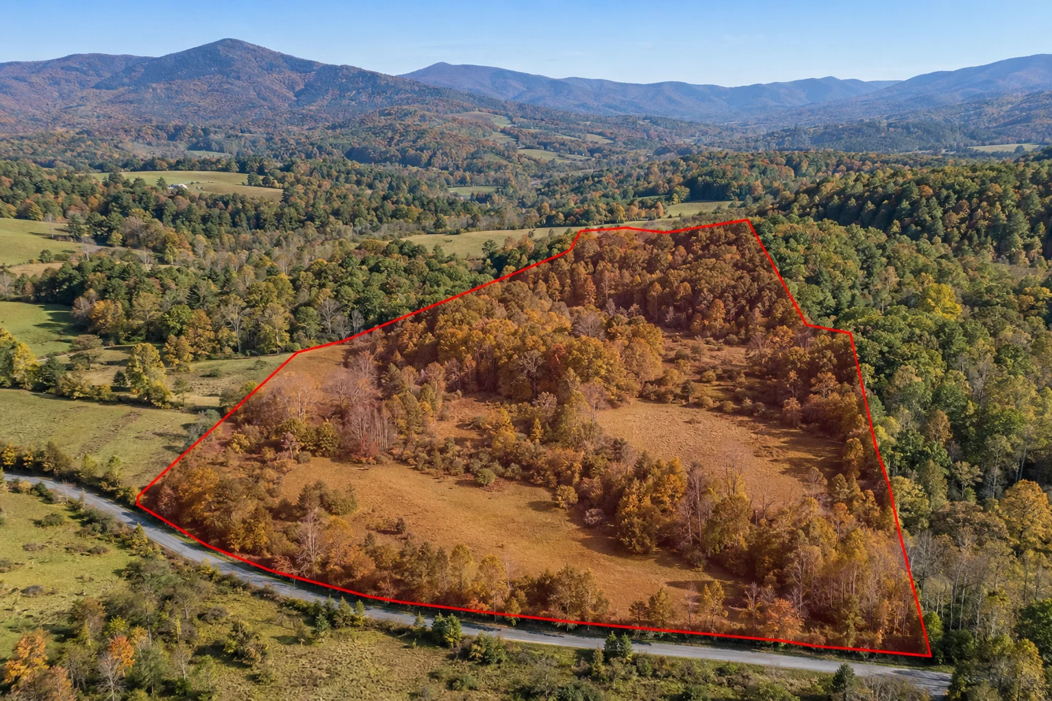 AI-generated land illustration with a red example boundary, not a photograph of this transaction’s parcel